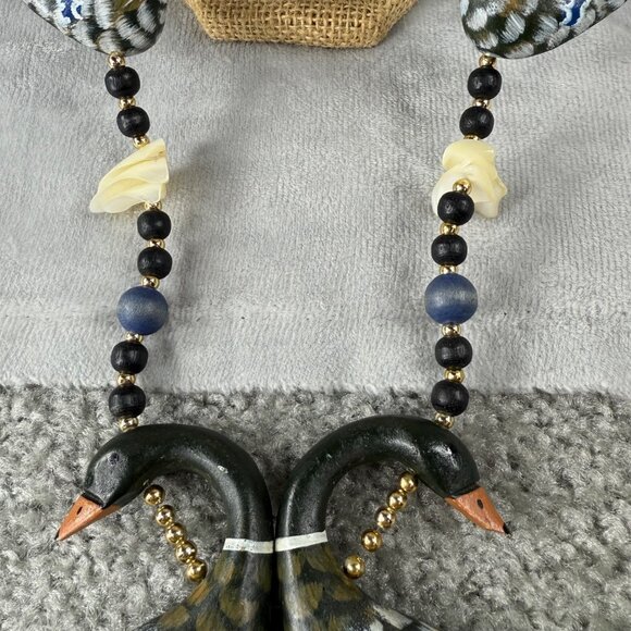 Wood Duck Geese Statement Necklace Beaded Shell Accents Hand Painted Vintage - Picture 6 of 16